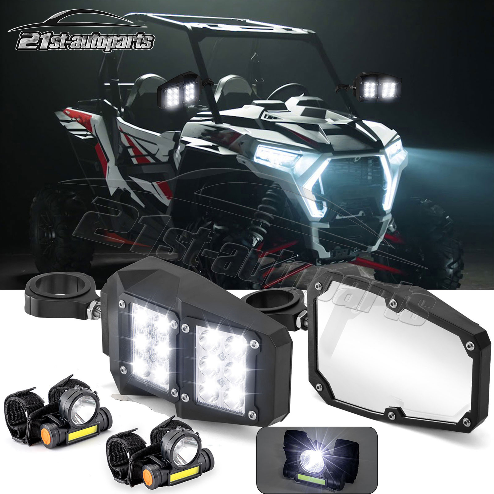 2PCS UTV Side Rear View Mirrors w/ Light+LED Dome Lights For Can Am Maverick X3