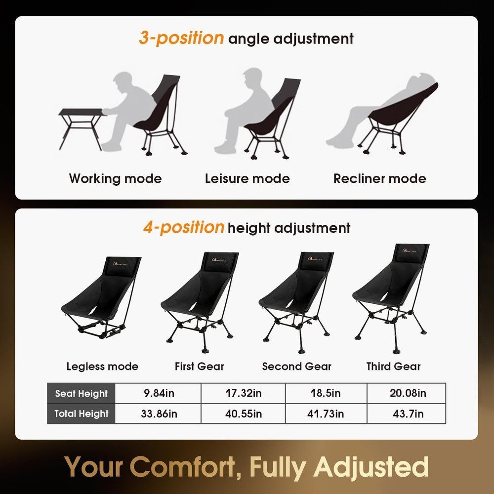 High Back Folding Camping Chairs, Height-Adjustable, Widened Seat, for Beach ...