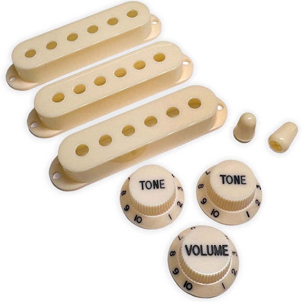 Modern Strat PUP covers, switch tips, knobs set Parchment / Black Font