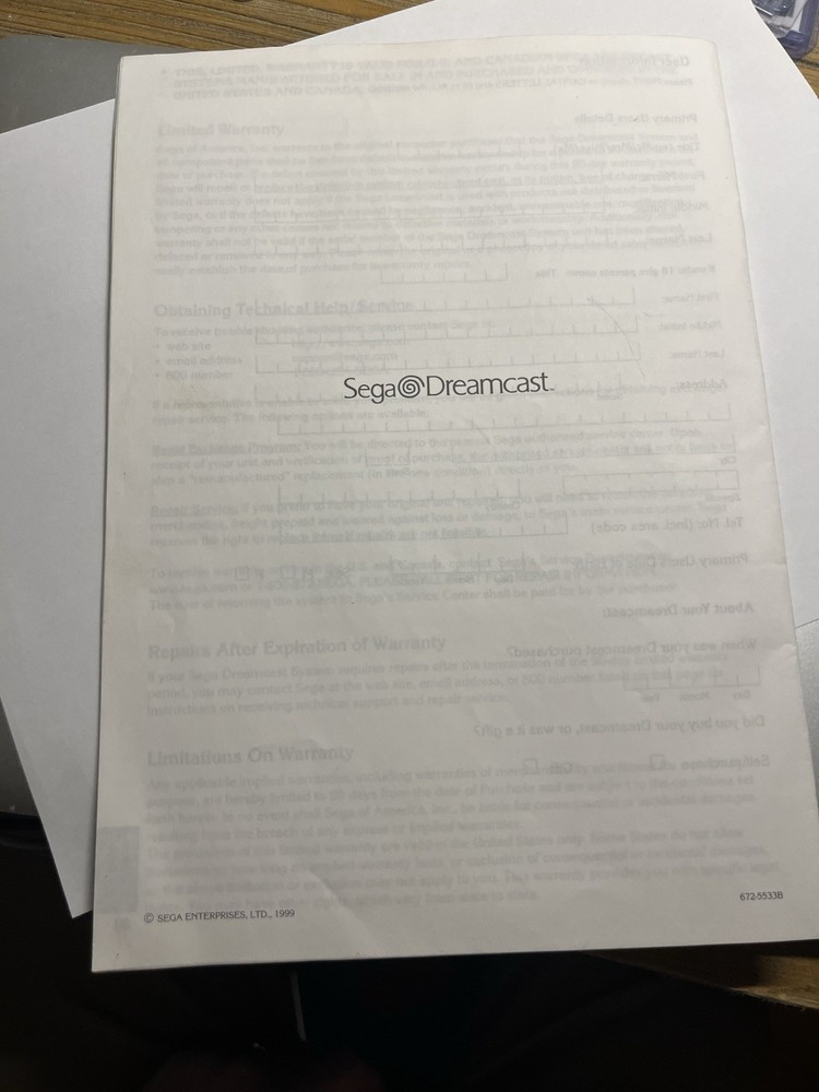 SEGA Dreamcast System Console Instruction Manual Only