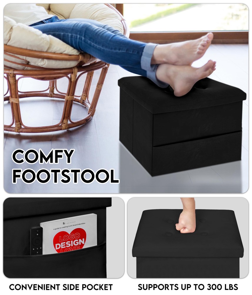 Multi Use Storage Ottoman, Velvet Foot Rest, Foldable Design, Compact, Black