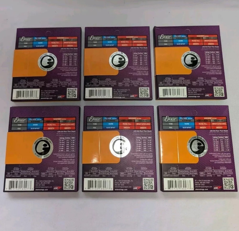 6 Pack Elixir 16027 Nanoweb Acoustic Strings Custom Light 11-52 Phosphor Bronze