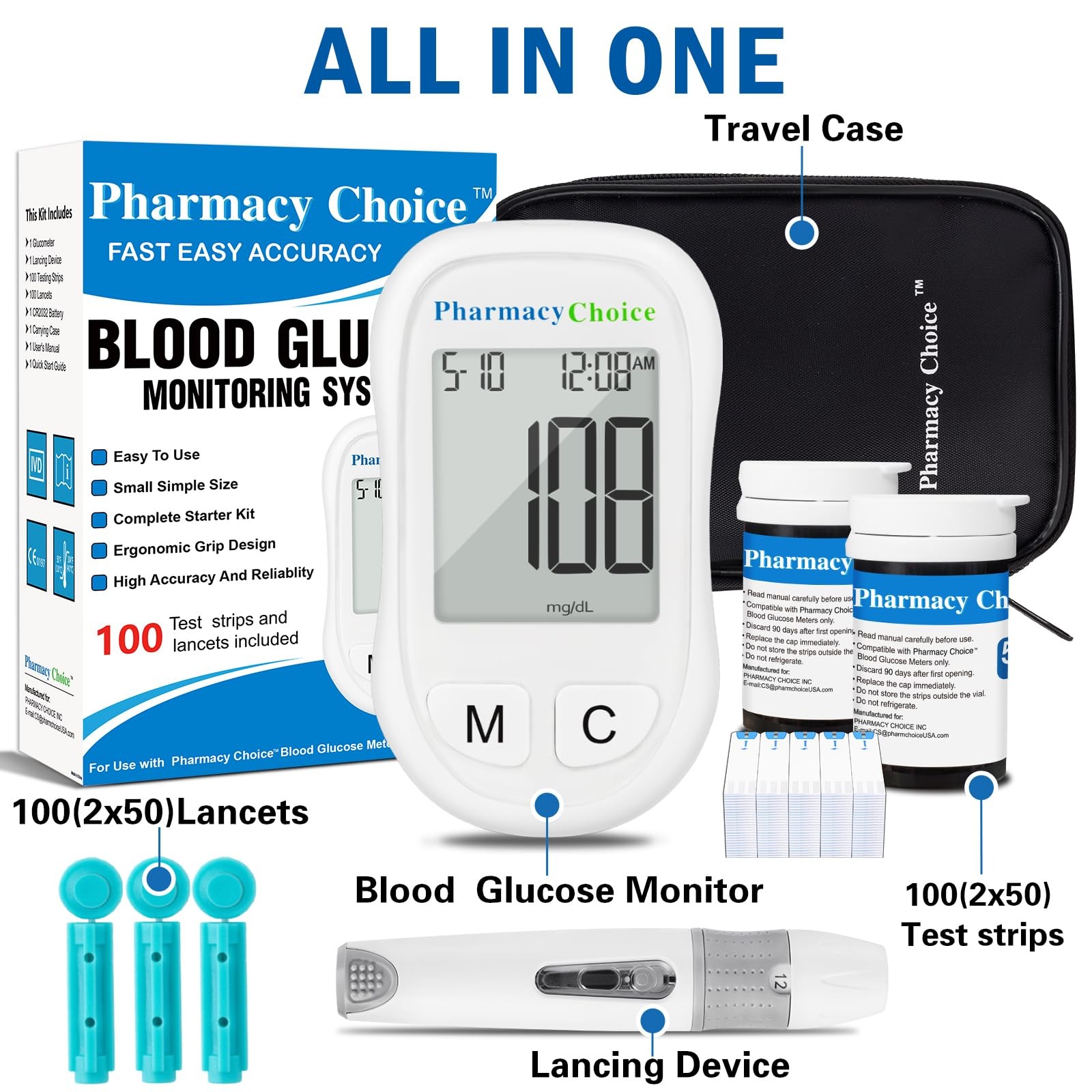 Diabetes Test Kit Blood Sugar Glucose Monitor Meter 100 Pcs Strip Tester Machine