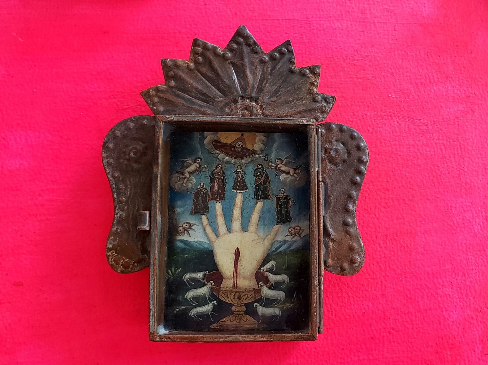 mexican nicho mano poderosa folk art wall hanign sacred art colonial art shrine