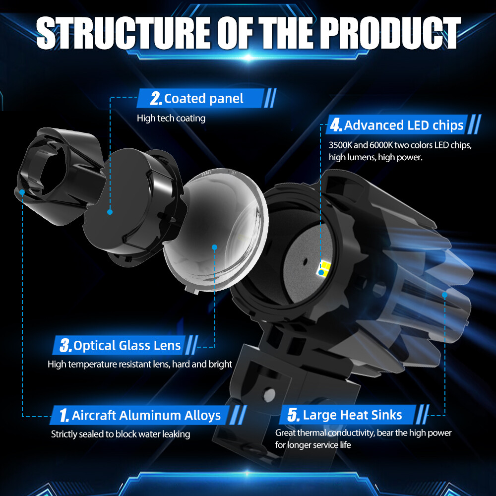 2x LED Spot Light Auxiliary Motorcycle Headlight Driving Fog Lamp Yellow+White