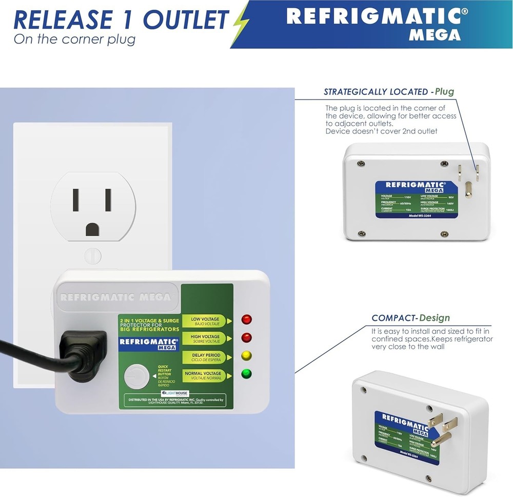 MEGA, 2 in 1 Electronic Voltage & Surge Protector for Two Door Refrigerators
