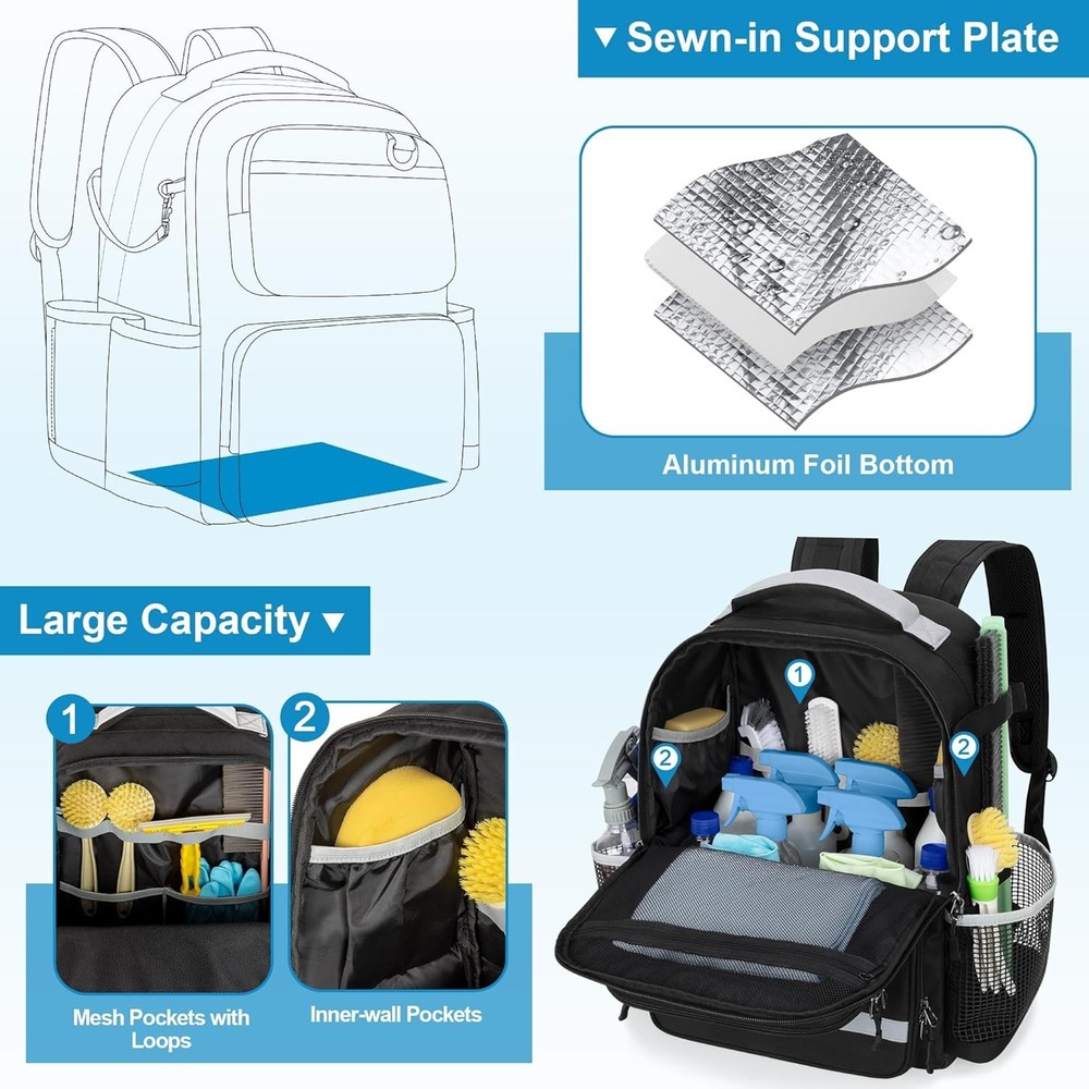 Versatile Cleaning Caddy Backpack with Waterproof Base & 6 Compartment Storage