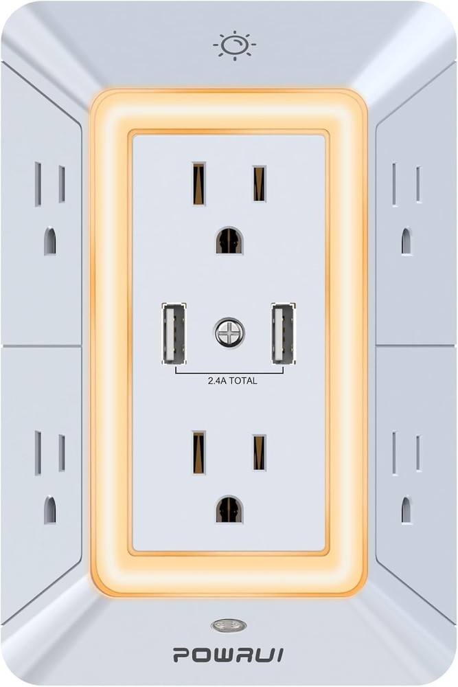 Stylish Grey 6-Outlet Extender with USB Ports & Smart Night Light Function