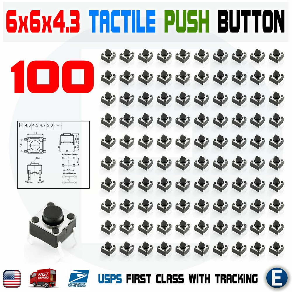 100Pcs 6x6x4 .3 PCB Momentary Tactile Tact Push Button Switch 4Pin DIP Mini