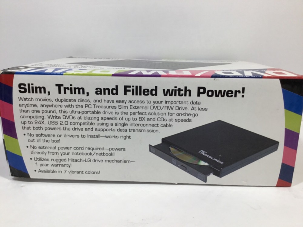 PC Treasures DVD ROM External Drive Slim Bright Black USB Powered