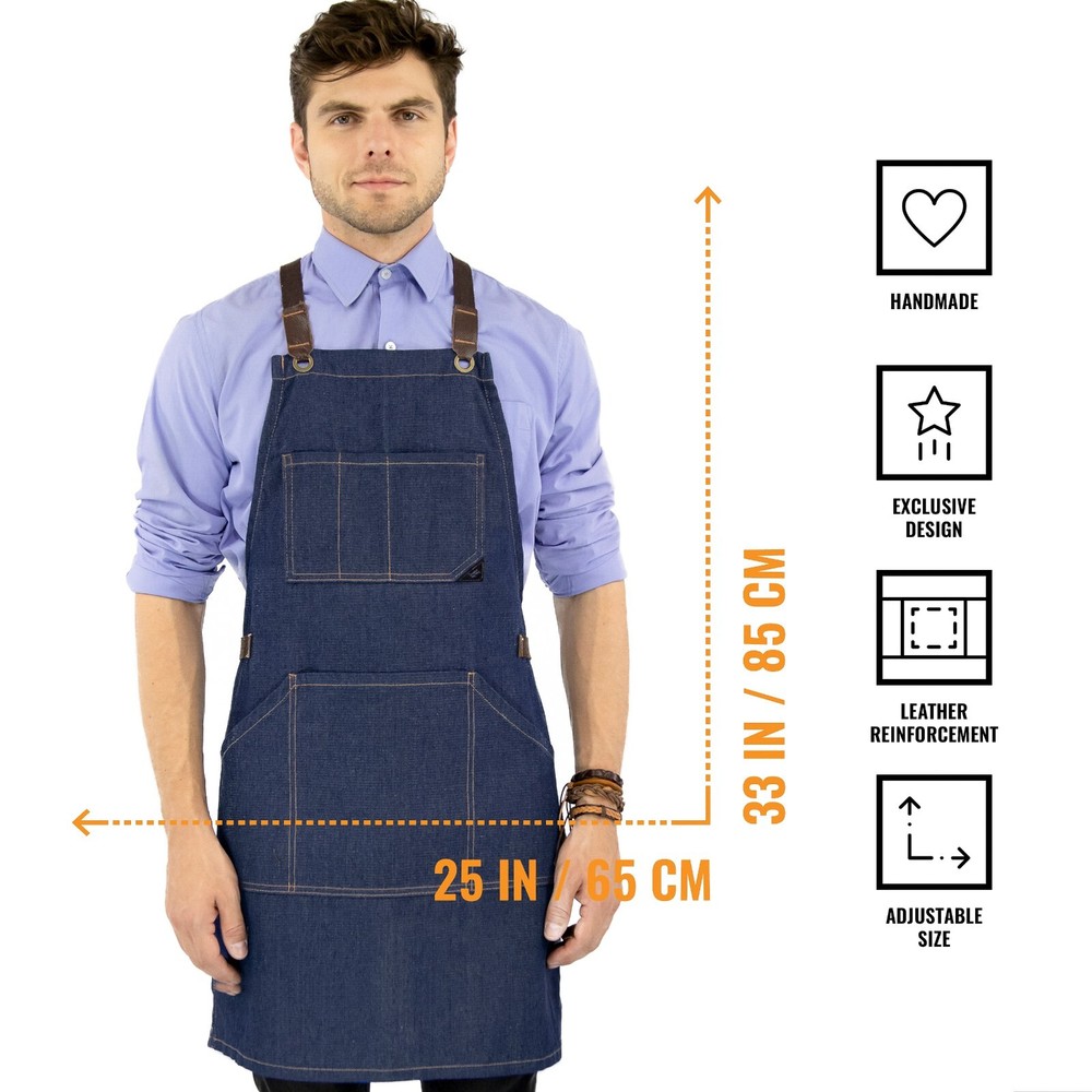 Work Apron - Pro Denim or Twill, Leather Trim, CrossBack - Chef, Bartender