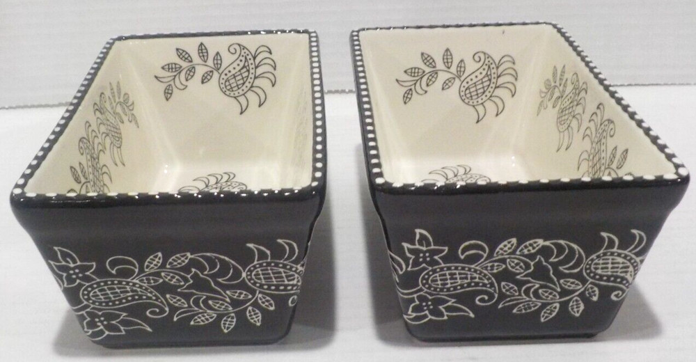 Lot 2 BAUM Small Rectangular LOAF Bakeware Dish Black White PAISLEY 6.5x4x3 *EUC
