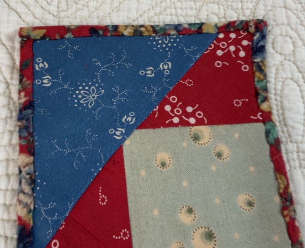 Vintage Patchwork Quilt Small Table Topper, Triangles, Squares, Early Calicos