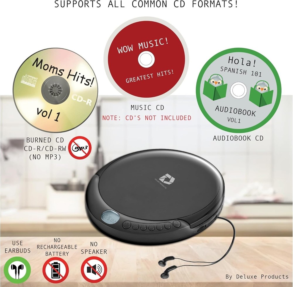CD Player Portable with 60 Second Anti Skip, Stereo Earbuds, Includes Aux