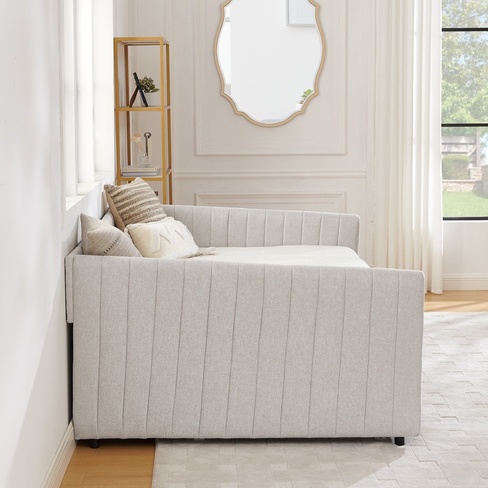Full Daybed Modern Linen Upholstered Bed Frame Sofa Bed with Pull-Out Trundle