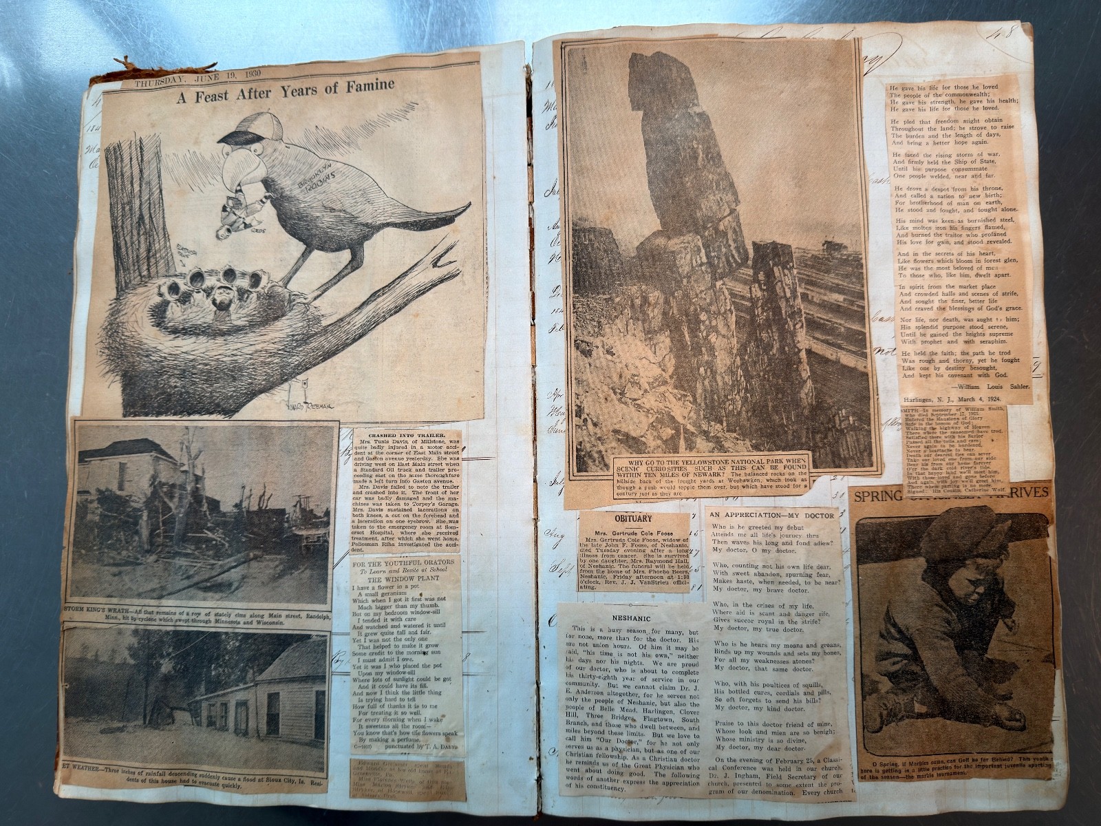 Large Newspaper Clipping Scrapbook NY/NJ 1920s-30s on 1840s Leatherbound Ledger