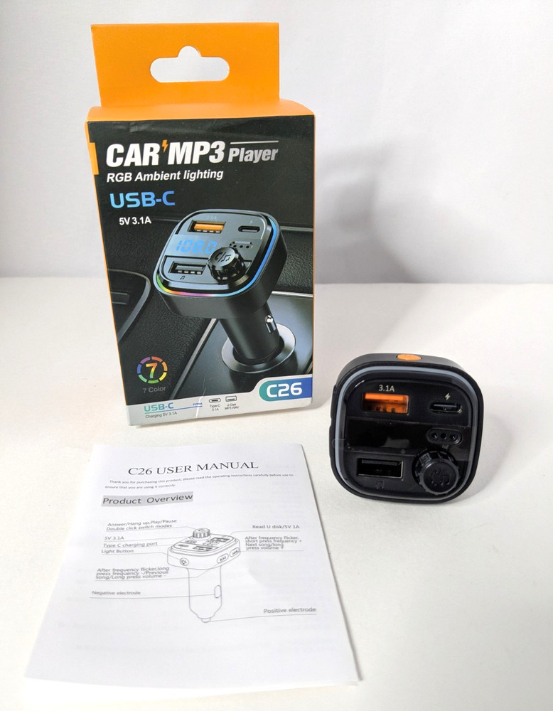 C26 Car MP3 Bluetooth Transmitter USB-C FM Adapter RGB Ambient Lighting