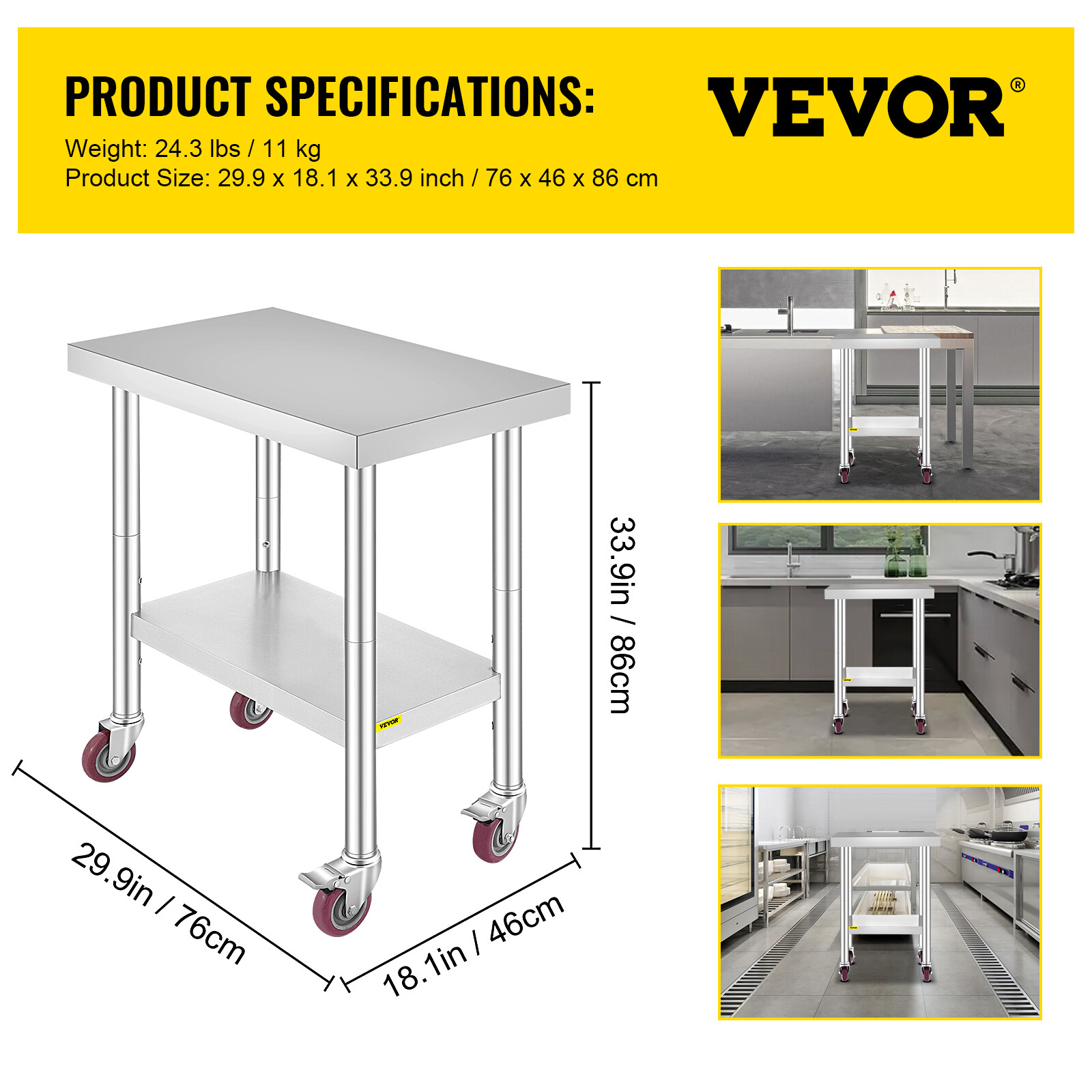 18"X30" Stainless Steel Work Prep Table w/ Wheel& Undershelf Commercial Table