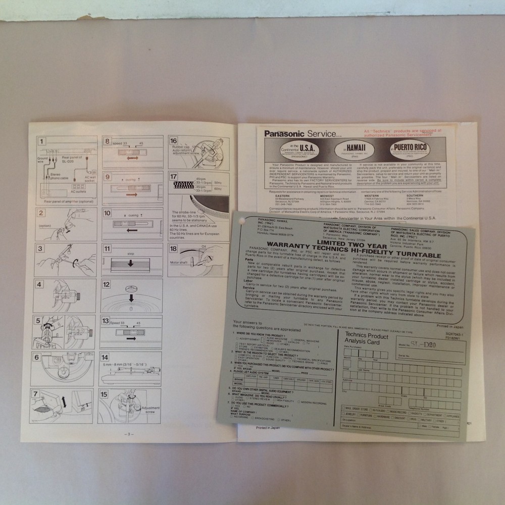 Vintage 1982 Technics Turntable System SL-D20 Operating Instructions Ephemera