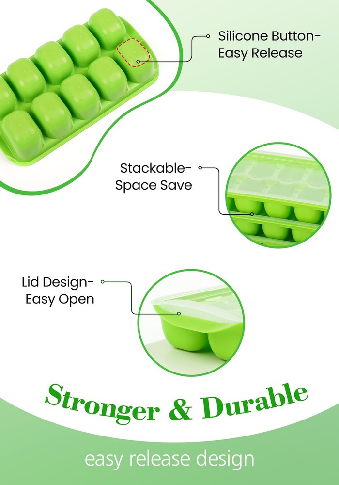 Ice Cube Tray with Lid and Bin 4 Pack Ice Bucket Kits Stackable Silicone Ice