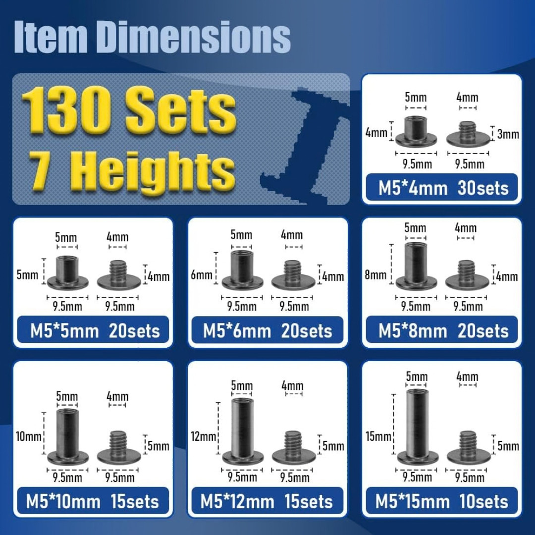 130 Sets Black Chicago Screws Kit M4 M5 Binding Rivets for Leather Belt Book DIY