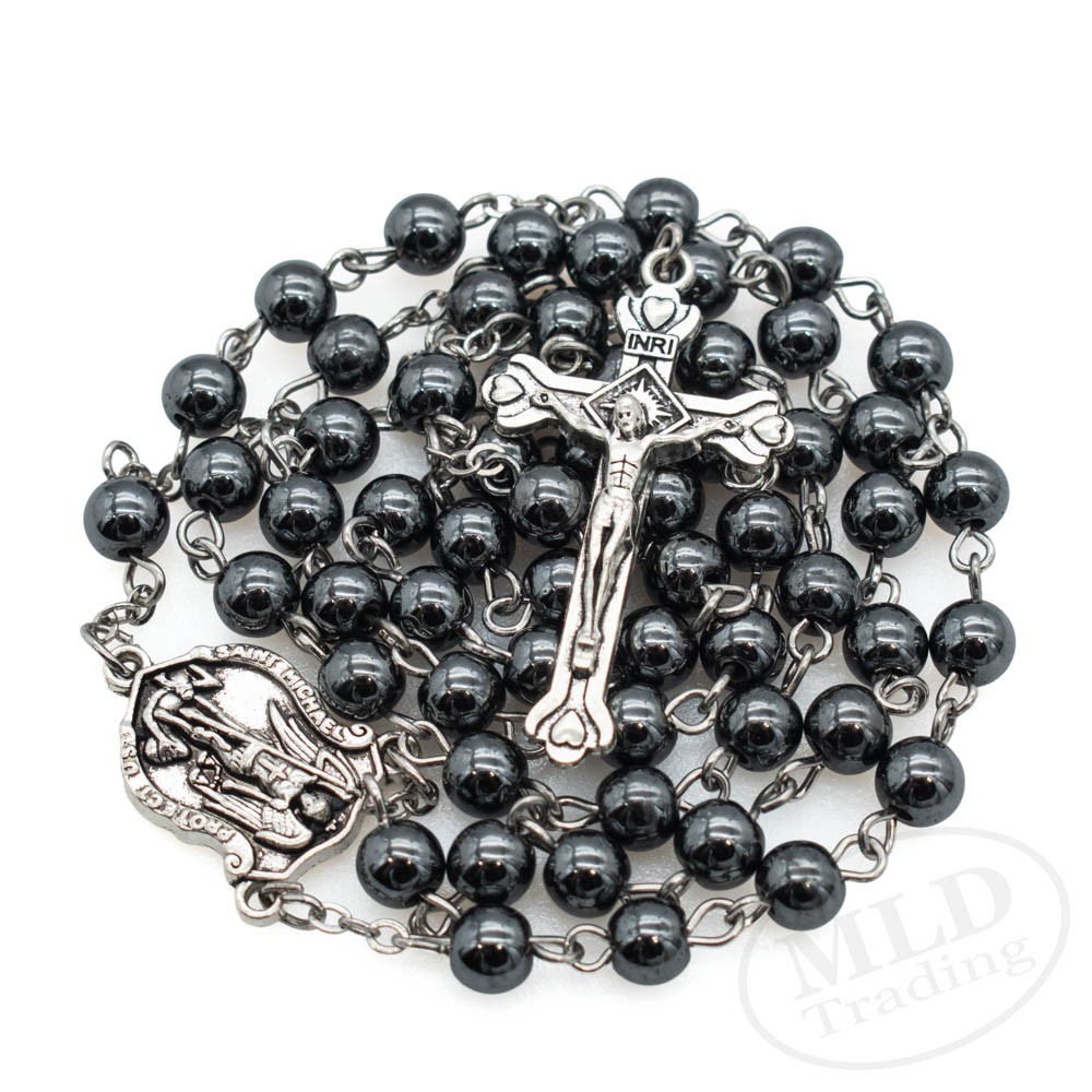 Saint St Michael Hematite Rosary Necklace – 6mm Beads – 19" Long Wearable