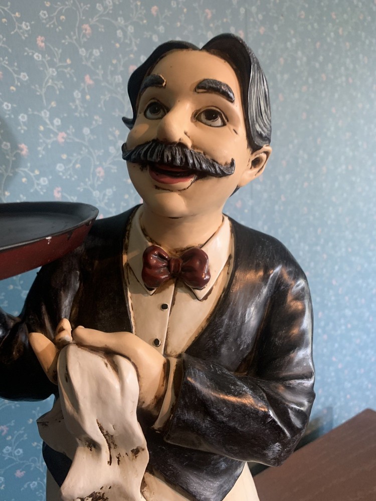Table Waiter Statue Carrying 9” Serving Tray On Shoulder.