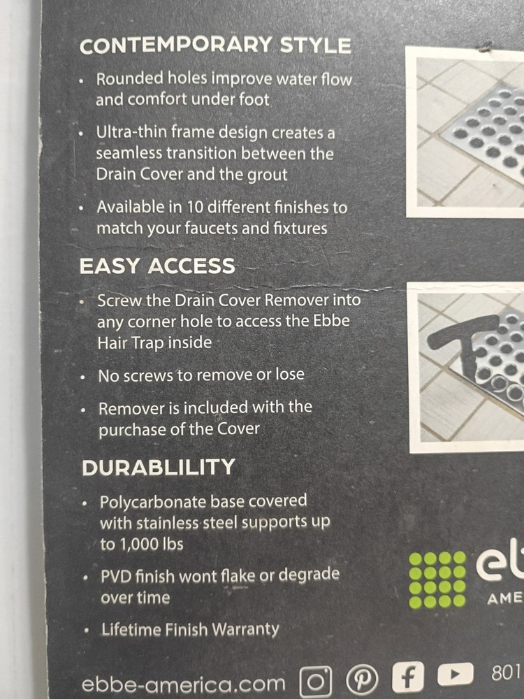 Drain Cover Ebbe Pro Square polished chrome E4401 NEW sealed w/puller