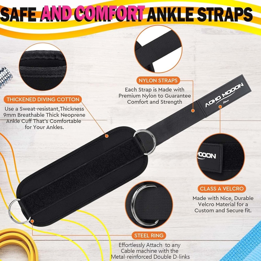 Ankle Strap for Cable Machine Attachments, Gym Accessories Pair, Black - Pair