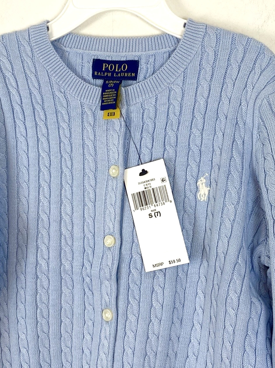 Polo Ralph Lauren Big Girls S (7) Blue Cable Knit Cotton Cardigan-Multi NEW