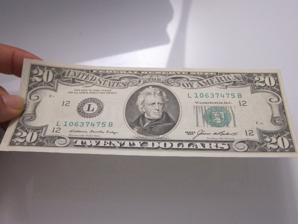 1985 $20 Printing Error on Back #L02465259G