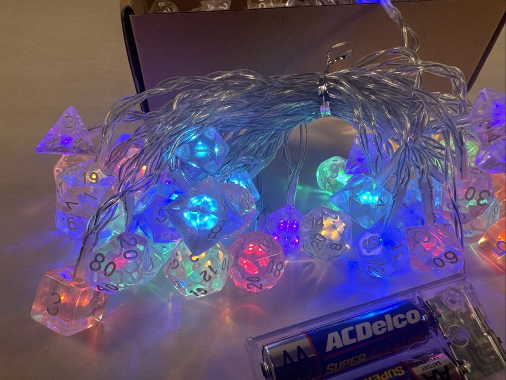 2X 20 ft Polyhedral Gaming Dice String Lights DnD 40 ft total Steady or Flash