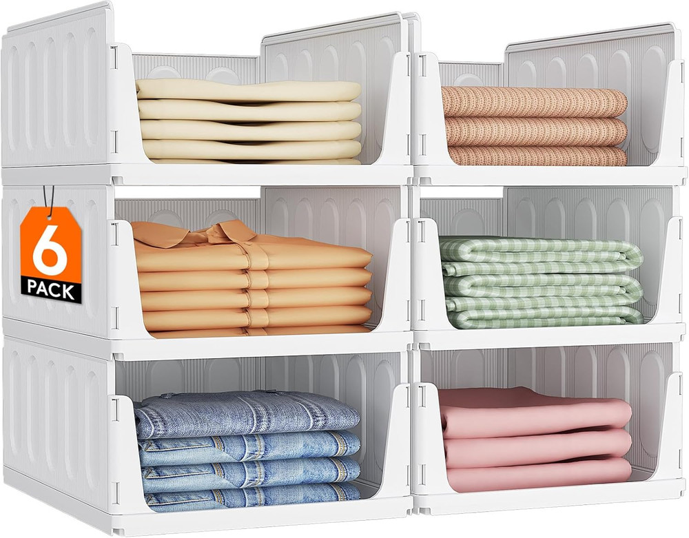 6 Pack Stackable Closet Organizers and Storage Basket for Clothes, Plastic Sweat