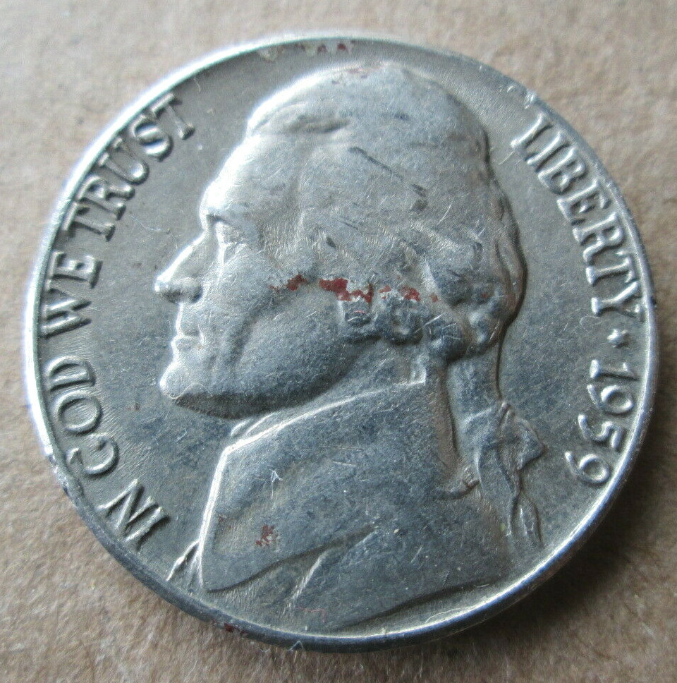 1959-D JEFFERSON, REVERSE MEDIAN BISECTING DIE CRACK ERROR, VF, CIRCULATED