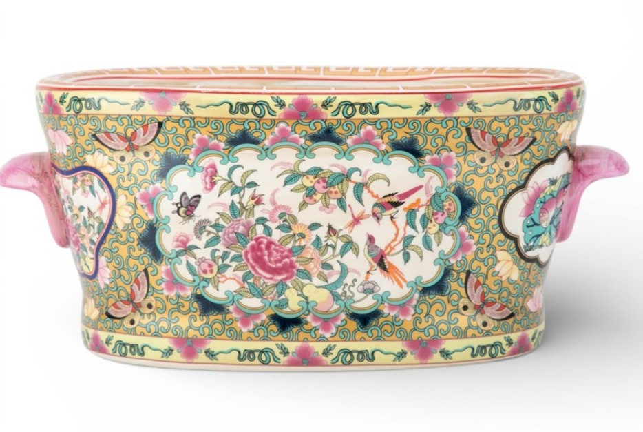 Vintage Style Chinese Rose Medallion Footbath Planter-14.5'' x 6.5''H