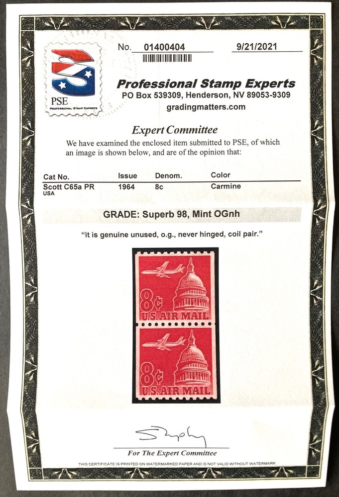 #C65a MNH Coil Pair, PSE Graded 98, Cert # 01400404
