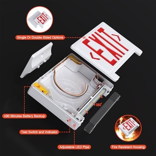 Adjustable LED Exit Sign with Emergency Light Bar, Hardwired, Battery Backup, UL