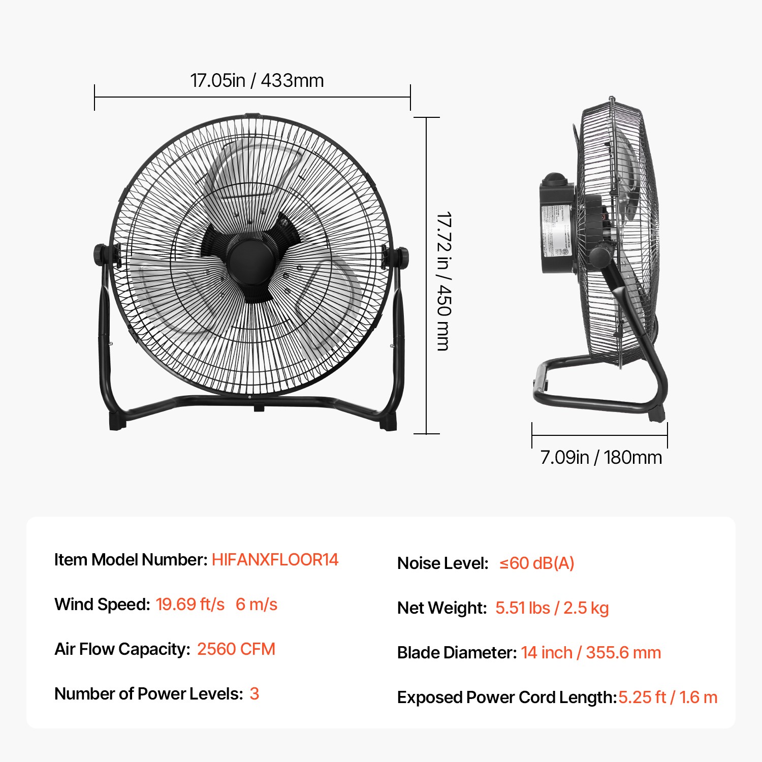 Uimoso 14 Inch Floor Fan 3 Speeds 360° Adjustable Tilt High Velocity Metal Fan