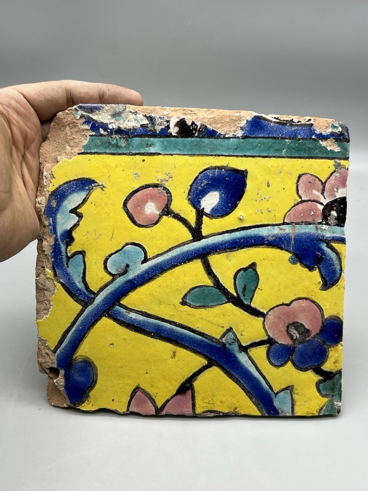 Safavid Square Tile Glazed Architecture Ceramic Earthenware Cuerda Seca 1800