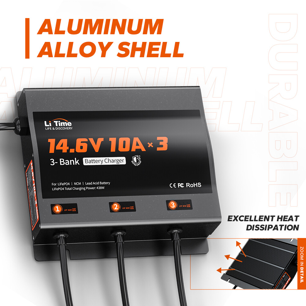 LiTime 14.6V 10A* 3 Bank Smart Charger IP65 for Marine LiFePO4 Lead Acid Battery