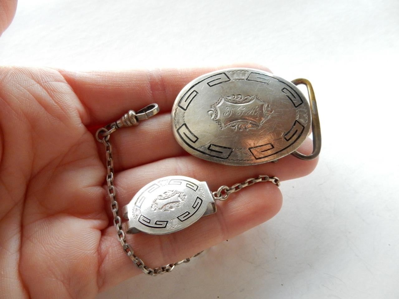 VINTAGE MARSH STERLING SILVER, BELT BUCKLE & WATCH FOB SET, F.G.A.