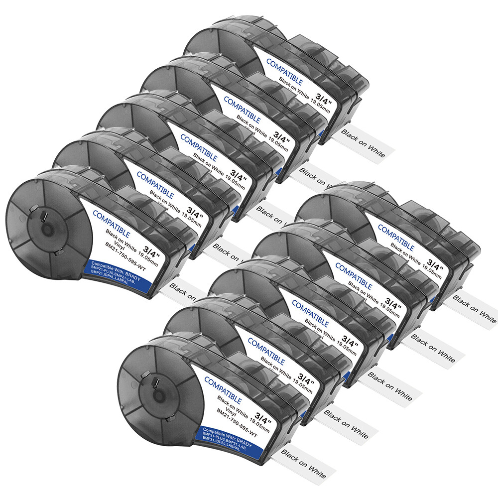10PK For Brady BMP21 Label Cartridge M21-750-595-WT Black/White Vinyl 3/4" x21'