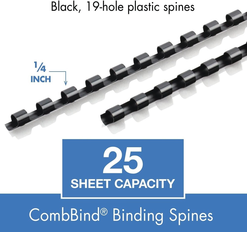 Effortless Document Binding with 1/4” Black CombBind Spines, 125 Durable Spines