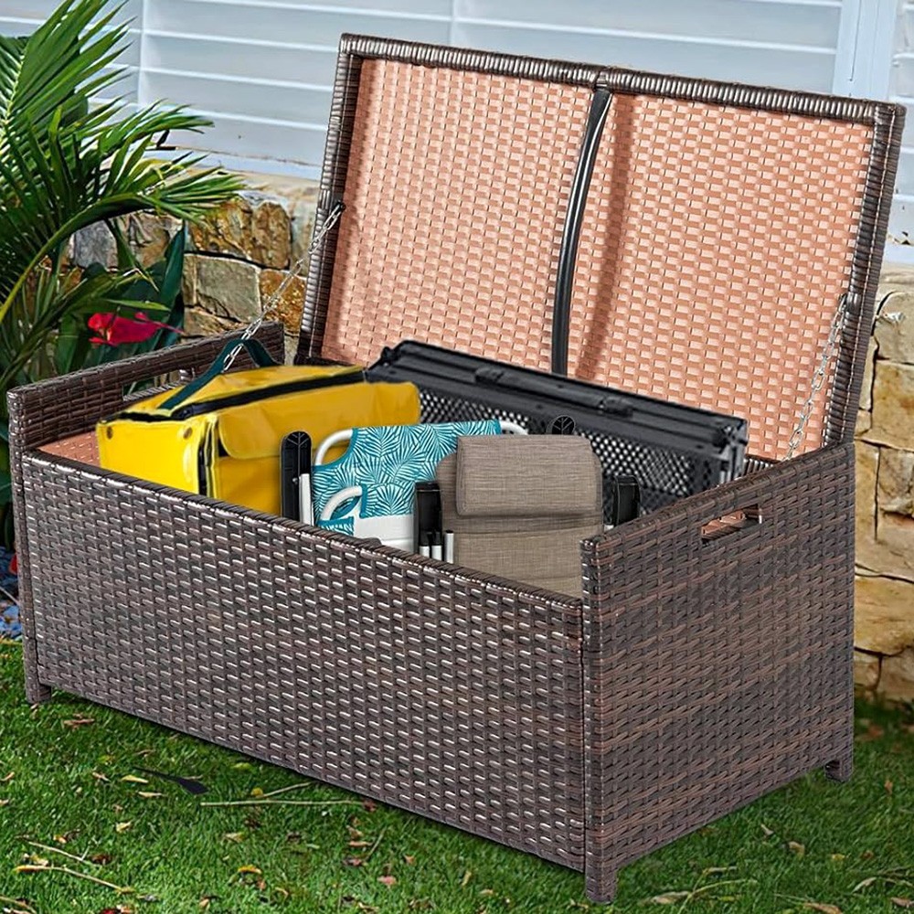 WICKER DECK OUTDOOR STORAGE BOX RATTAN BENCH HAND-WOVEN WITH CUSHION 55 GALLON