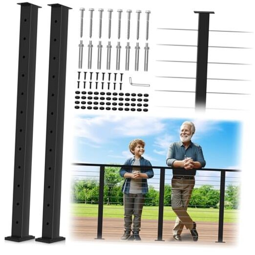 2 Pack Black Cable Railing Post 42Inch Level Drilled 42" 1 Level Post-2 Pack