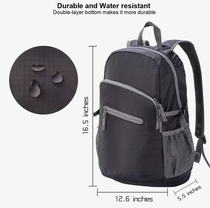 Lightweight 8oz Hiking Foldable Backpack Fold UP Back Pack Water Resistant Black
