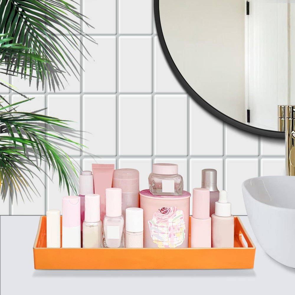 Orange Vanity Tray Plastic Rectangular Handles 13.8"x6"x1.57" Bathroom Decor