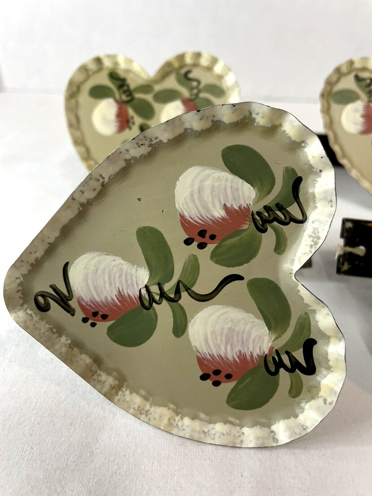 Hand Painted Artist Crafted Tin Heart Curtain Pull Backs Two Sets Cottage Core