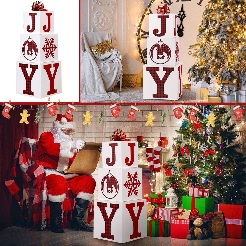 4 PCS Merry Christmas Joy Boxes Decorations Large Stackable Nesting Gift