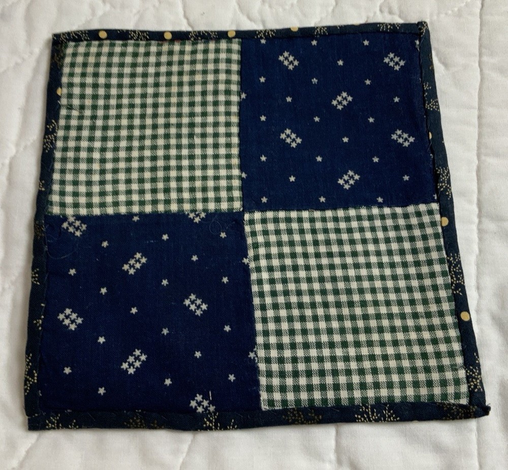 Vintage Patchwork Quilt Table Topper, Early Calicos, Four Patch, Navy, Green